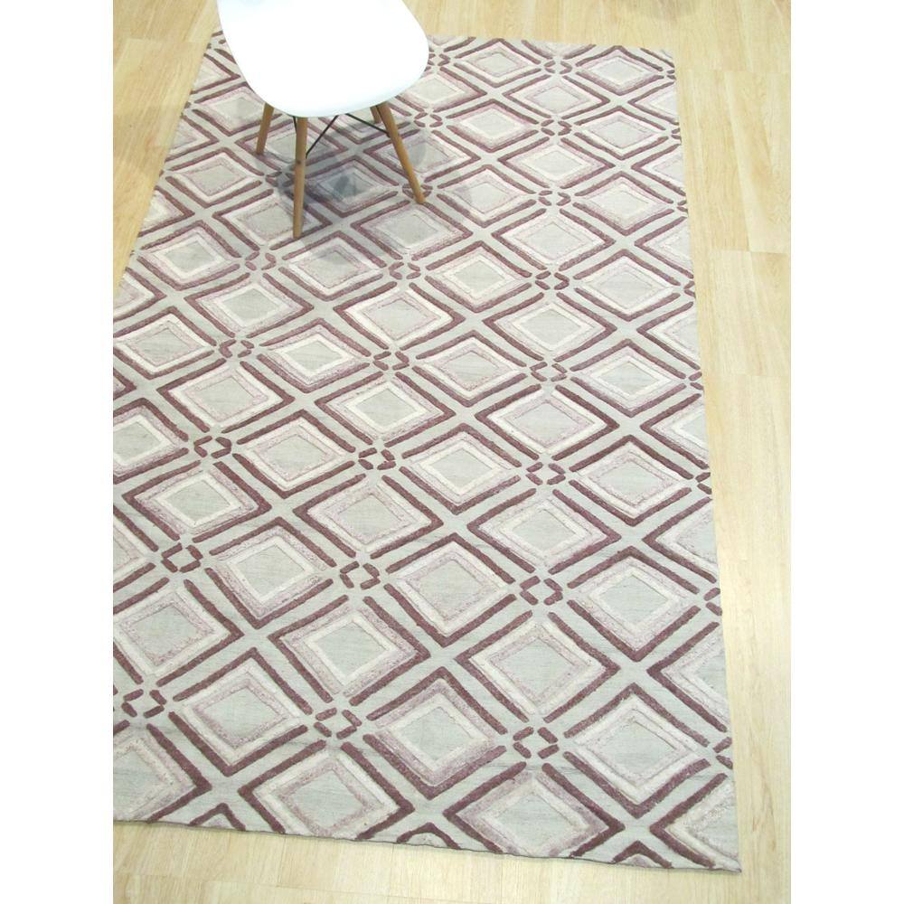 Handmade Geometric Wool Rug in Purple and Beige, 5' x 8'