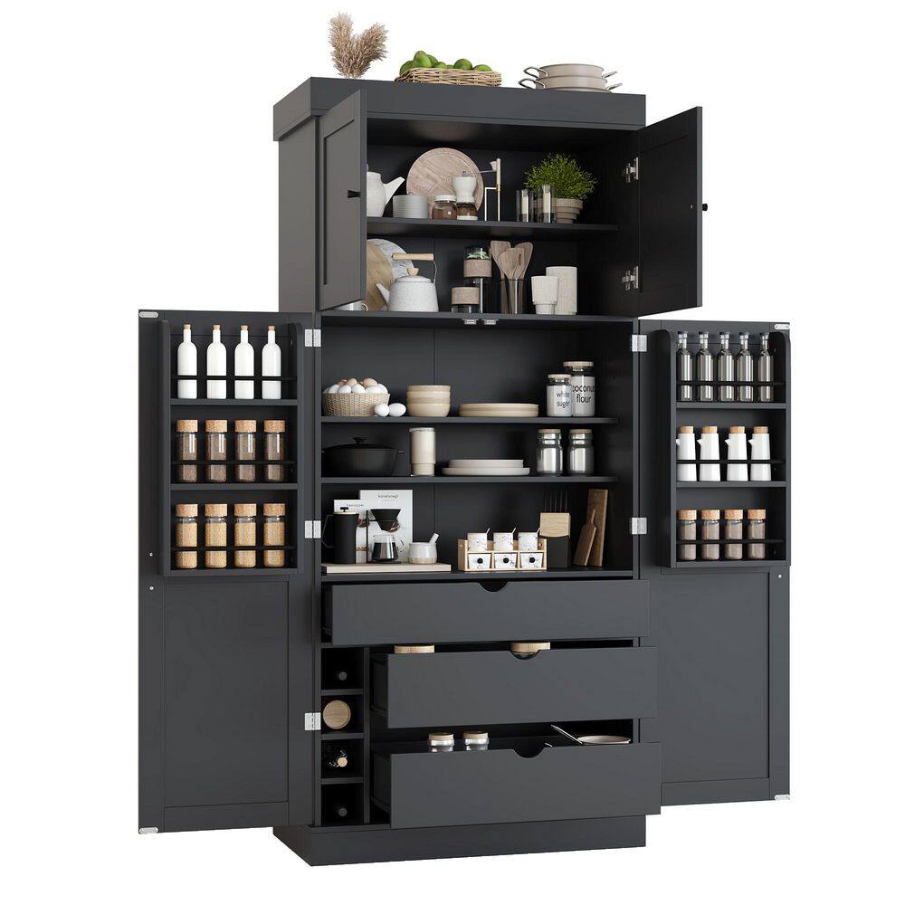 Freestanding MDF Gray 77 in. H Storage Cabinet with 4 Doors, 3 Drawers, Adjustable Shelves and Wine Rack