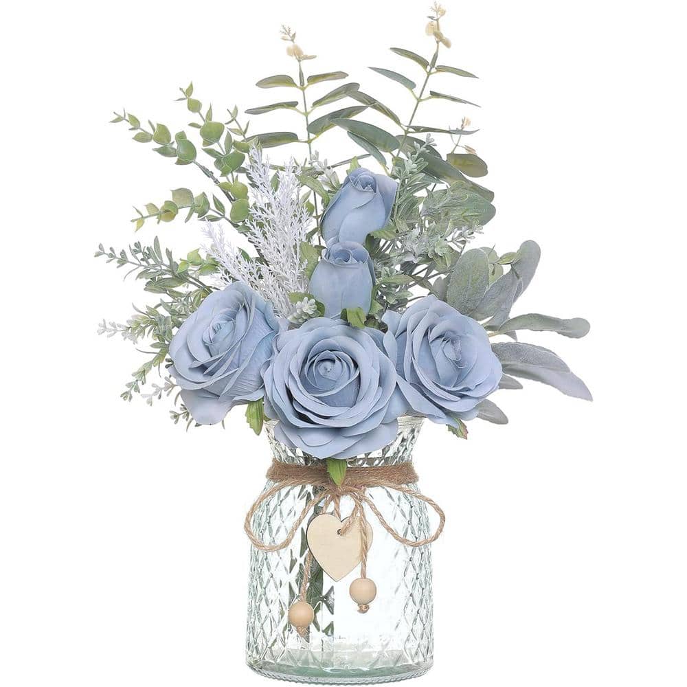 14.5 in. Dusty Blue Indoor Artificial Silk Roses in Clear Vase