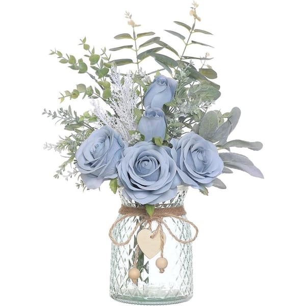 Unbranded 14.5 in. Dusty Blue Indoor Artificial Silk Roses in Clear Vase