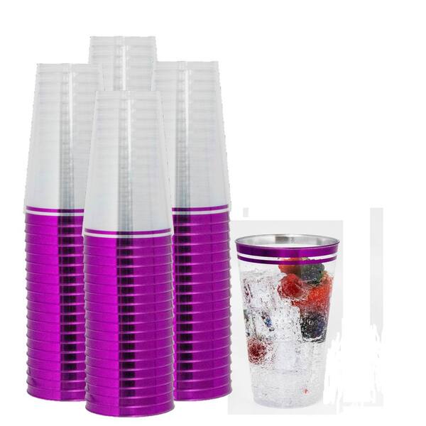 Perfect Settings 100 Pack 16oz Plastic Cups Clear Plastic Double Colored Rimmed Cups Fancy Disposable Wedding Holiday Party Cups Magenta