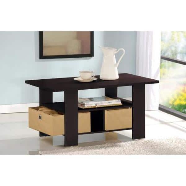 Espresso Brown Rectangular Wood Coffee Table with Storage