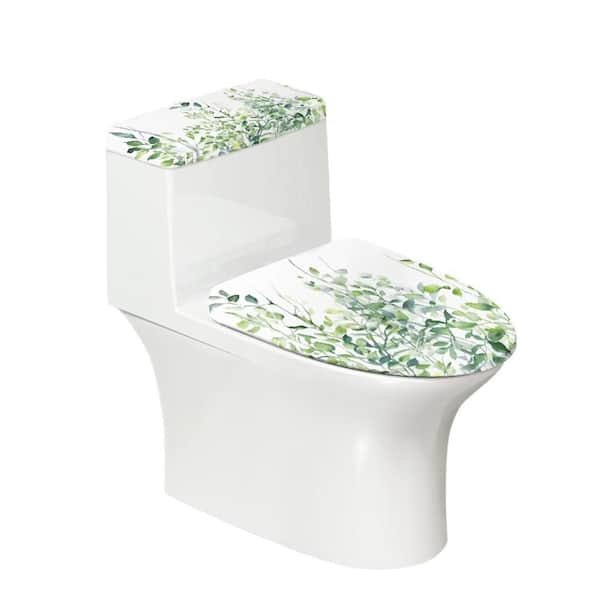 Toilet Lid and Tank Covers 2-Pack Set, Stretchable Washable Covers for Lids and Tanks, Leaf Green White