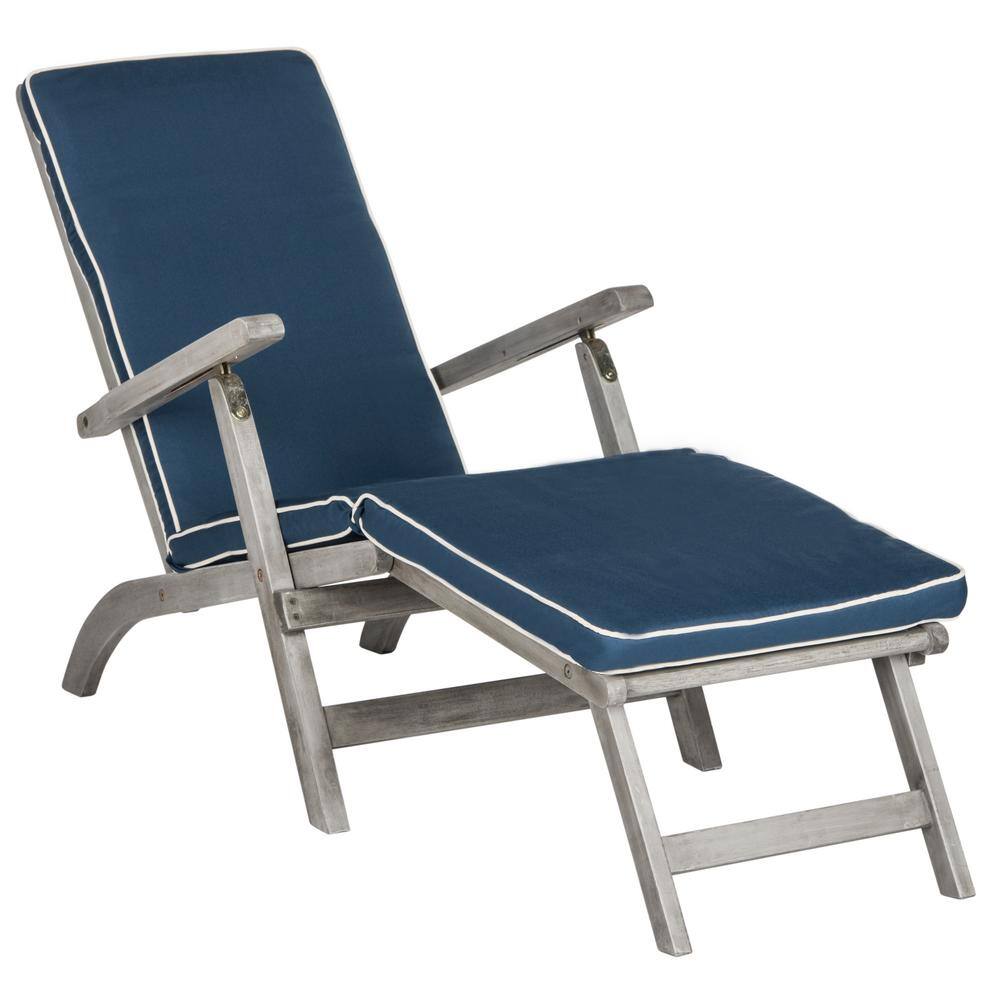 Elegant Oceanliner Inspired Acacia Wood Lounge Chair with Navy Cushion