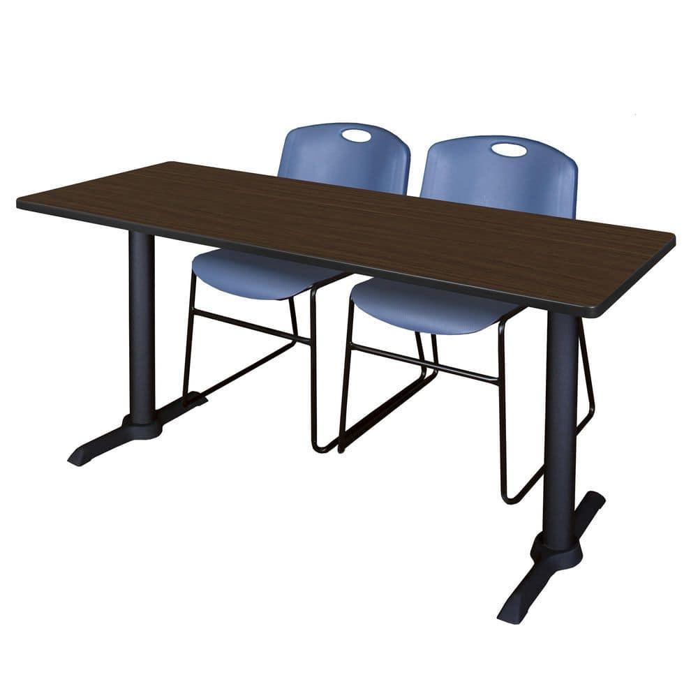 Cain 72 in x 24 in. Neo Walnut T-Base Training Seminar Table Desk and 2 Zeng Stack Chairs-Blue price history on PriceWatchPro