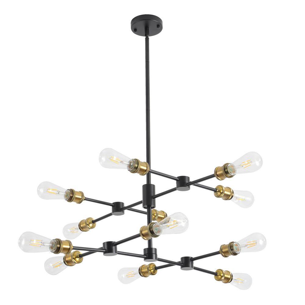 Black and Brass Chandelier, Mid Century Sputnik Pendant Light 12-Lights Cha