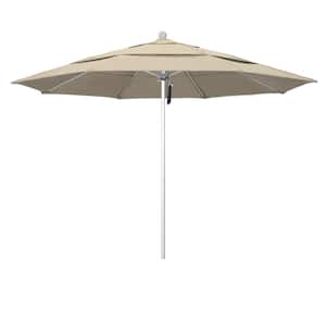 11 ft. Silver Aluminum Commercial Market Patio Umbrella with Fiberglass Ribs and Pulley Lift in Beige Sunbrella