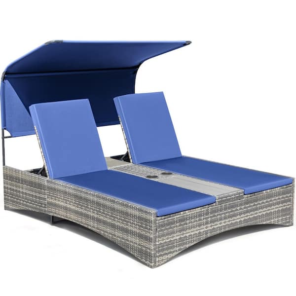 Wicker Outdoor Day Bed with Removable Canopy and Cushions, Blue