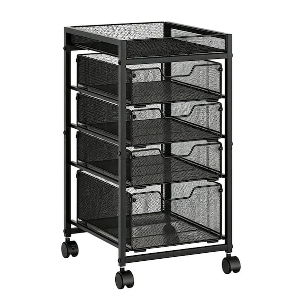 1 Piece Wheeled 5-Tier Metal Rolling Storage Cart, Fruit Baskets with Top Basket and Pull-out Drawers for Fruit Snack