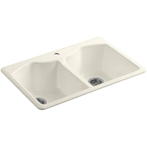 KOHLER Bellegrove Drop-In Cast-Iron 33 in. 1-Hole Double Bowl Kitchen Sink with Accessories in Biscuit