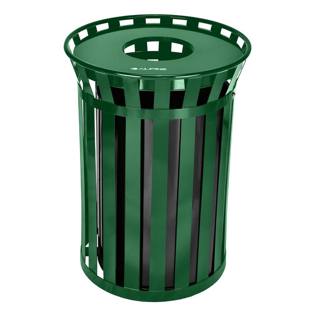 38 Gal. Green Outdoor Metal Slatted Commercial Trash Receptacle Trash Can