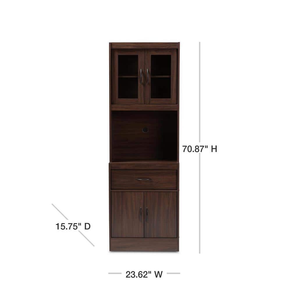 Laurana Dark Walnut Tall Kitchen Hutch Cabinet with Glass Doors