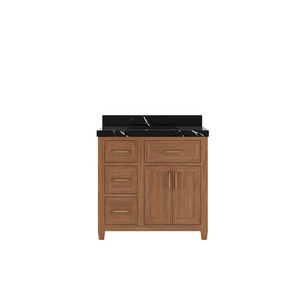Willow Collections Santa Monica 36 in. W x 22 in. D x 36 in. H Single Sink Bath Vanity in Dark Natural with 2 in. Calacatta Black Qt. Top