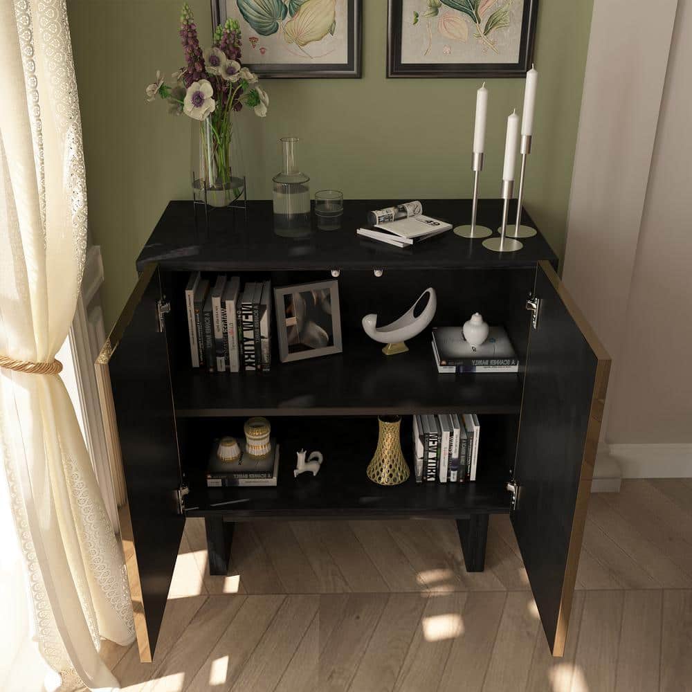 Khaki and Black 2-Door Wood Accent Sideboard with Golden Legs