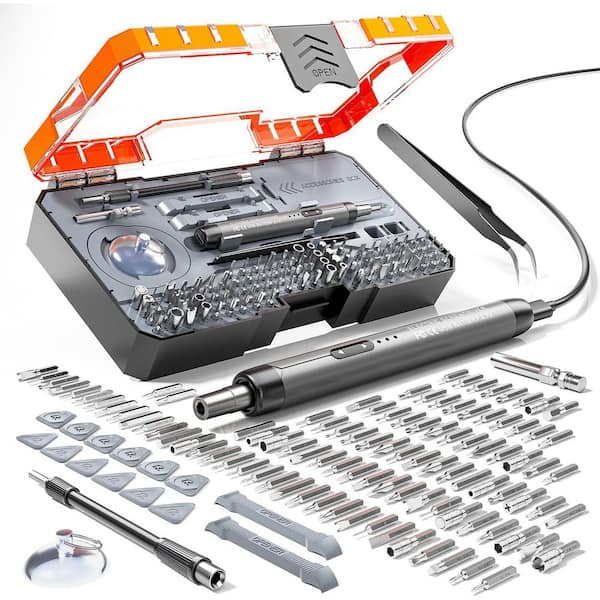 Precision Electric Screwdriver Set 120-Bit Grey Mini Power Tool Kit 5-Torque Magnetic Storage for PC RC Repair
