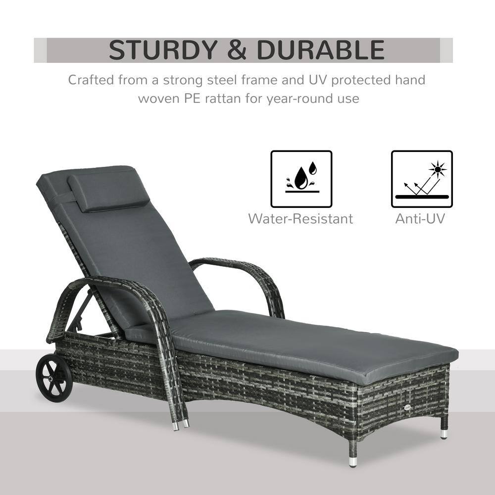 Gray Wicker Outdoor Chaise Lounge Set with Cushions and Wheels