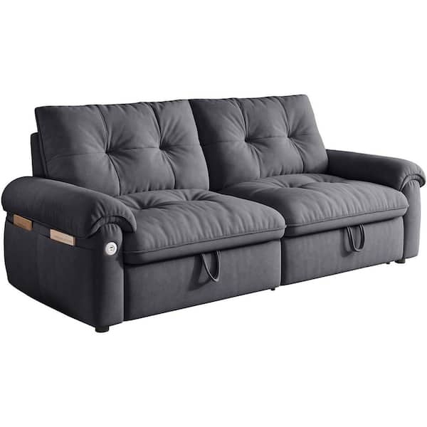 77 in. Dark Grey Velvet Queen 3 in 1 Sleeper Sofa Bed Pullout Loveseat Futon Couches with Side Pocket and Charging Ports