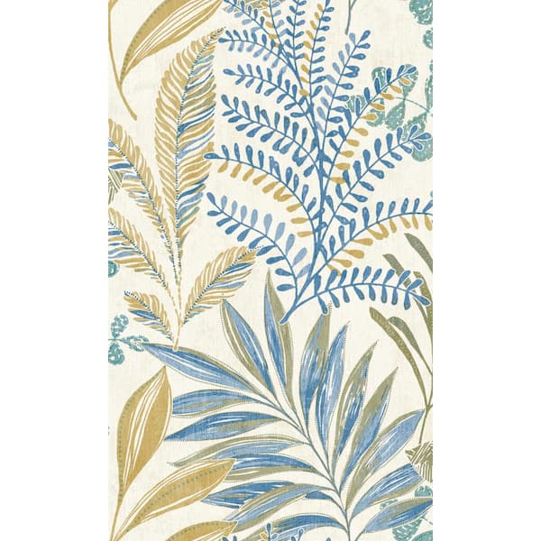 Blue & Yellow Light Leaf Motif Tropical 57 sq. ft. Non-Woven Textured Non-pasted Double Roll Wallpaper