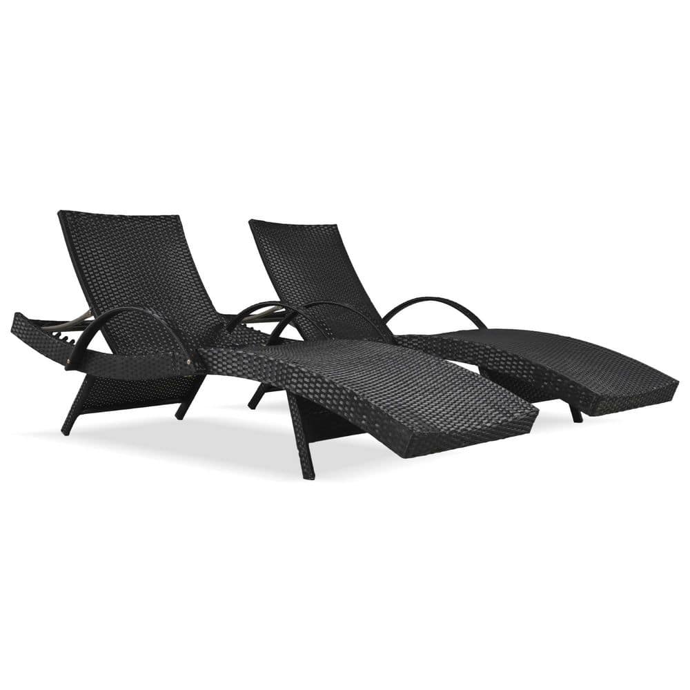 2-Piece Black Wicker Outdoor Chaise Lounges with Pull-out Side Table and Ad