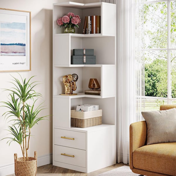 Eulas 66.9 in. Tall White Wood 5-Shelf Etagere Bookcase, Modern Corner Book Shelf with 2 Drawers for Living Room