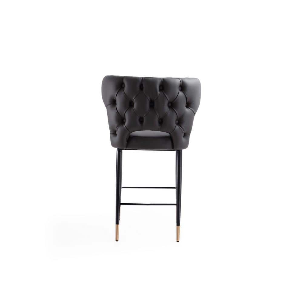 Gray Leather and Ash Wood Counter Stool with Gold Trim