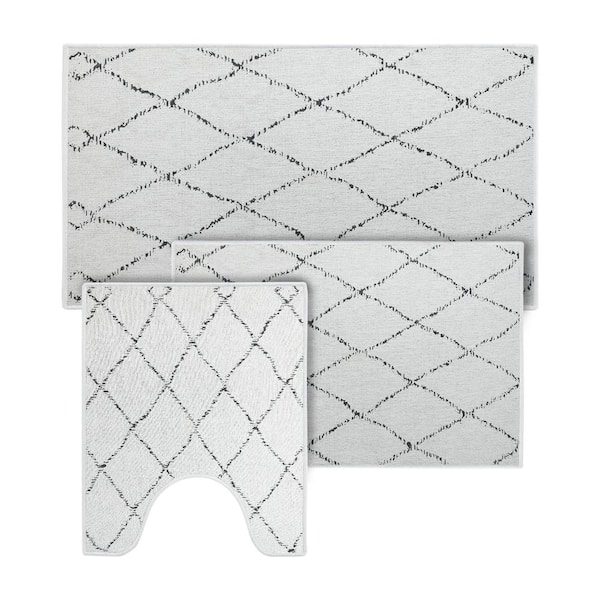 SUSSEXHOME Ivory Color Geometric Trellis Design Cotton Non-Slip Washable Thin 3-Piece Bathroom Rugs Sets
