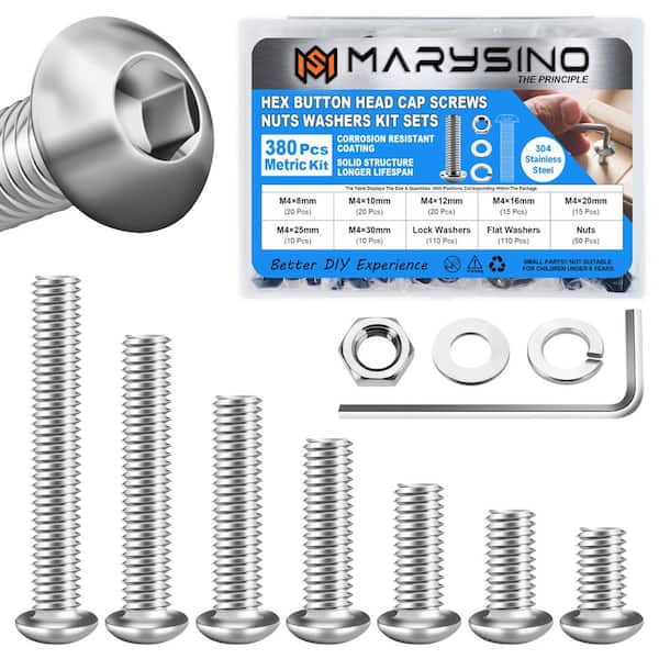 380-Pieces M4 Screw Nuts and Bolts Assortment Kit 304 Stainless Steel Button Head Hex Socket Cap Metric Screws Bolts