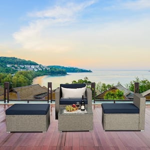 Gray 4-Piece PE Wicker Outdoor Sectional Sofa Set with Navy Cushions and 1 Beige Pillow Garden Patio Furniture Sets