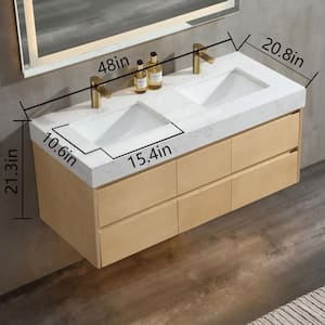 48 in. W X 20.7 in. D X 21.3 in. H Double Sink Natural Maple Floating Bath Vanity in Brown with White Marble Top