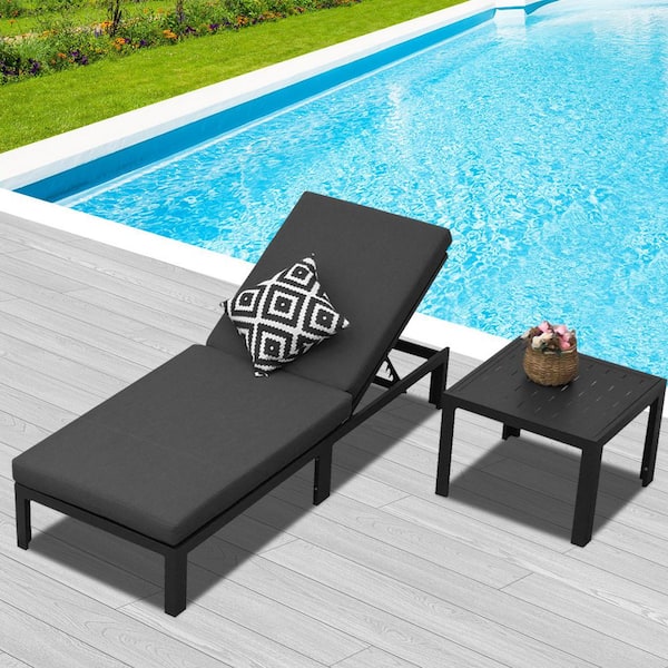 78.7 in. 500 lbs Oversized Gray Aluminum Outdoor Chaise Lounge Set with Gray Padded Cushion and Luxury Side Table
