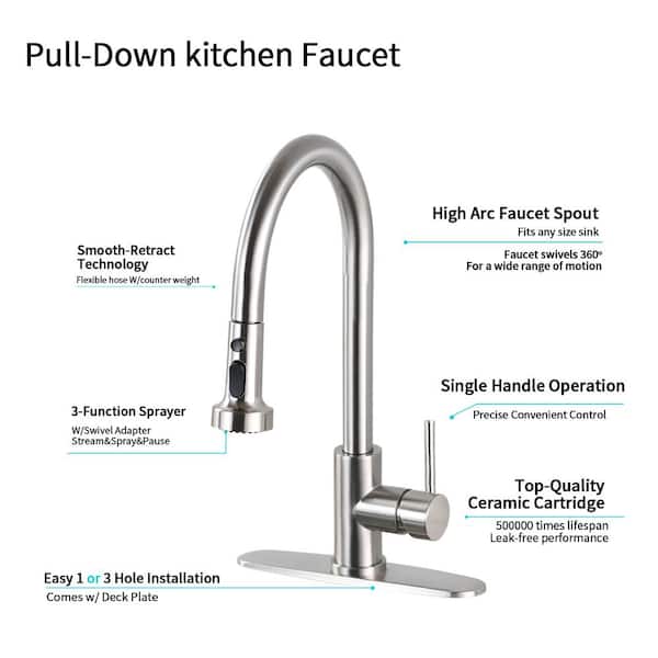 Kitchen Faucet Silver Kitchen Sink Faucet Kitchen Faucets with Pull Down Sprayer 360 Swivel High Arc Pull Out Faucet Head Commercial Faucets with Deck Plate for 1 or 3 Hole