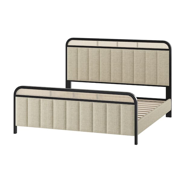 JAYDEN CREATION Edmund Linen Modern Solid Wood Frame Ratten Bed with Headboard Lighting