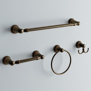 Banbury 4-Piece Bath Hardware Set with 18 in. Towel Bar, Paper Holder, Towel Ring, and Robe Hook in Mediterranean Bronze