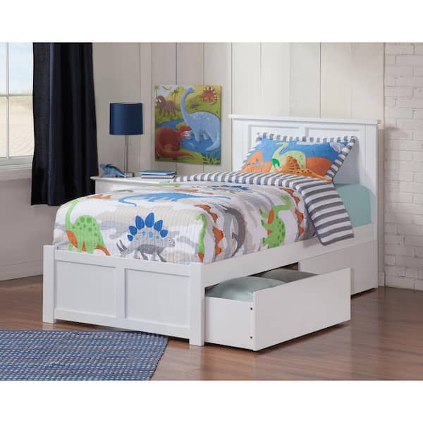 AFI Madison White Twin Solid Wood Storage Platform Bed with Flat Panel Foot Board and 2 Bed Drawers