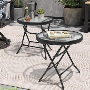 17.72 in. Round Black Glass Top Foldable Metal Outdoor Side Tables (2-Pack)