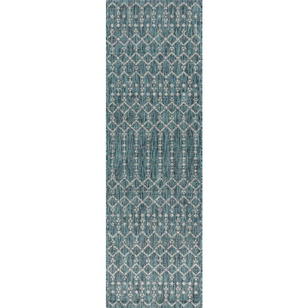 Ourika Moroccan Geometric Textured Weave Teal/Gray 2 ft. x 10 ft. Indoor/Outdoor Runner Rug
