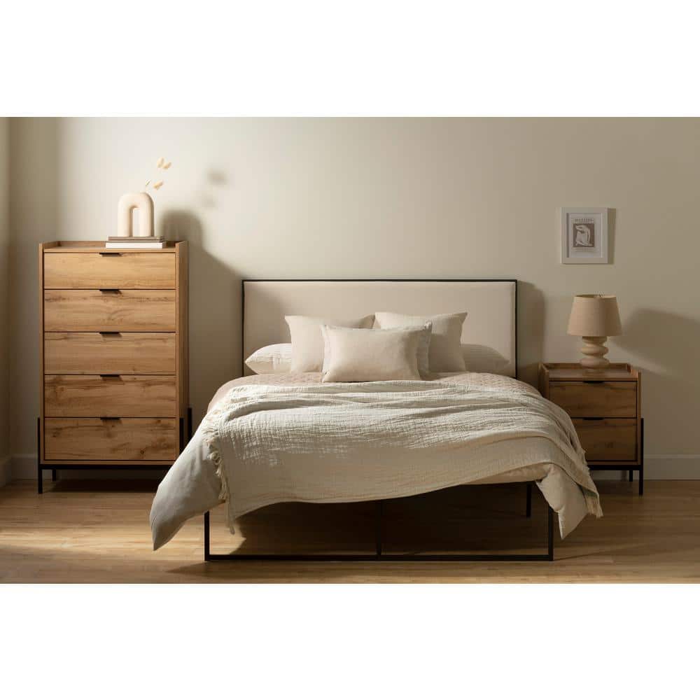 Queen Black Metal Frame Bed with Beige Upholstered Headboard