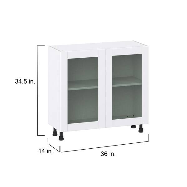 J COLLECTION Bright White Shaker Assembled Shallow Base Kitchen Cabinet w/ Full Height Glass Door (36 in. W x 34.5 in. H x 14 in. D)