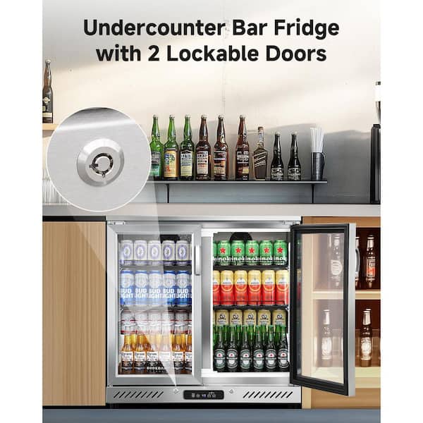 35 in. 7.4 cu. ft . Single Zone 216-Can Beverage Cooler Under Counter Bar Refrigerator w/LED Lighting in Stainless Steel