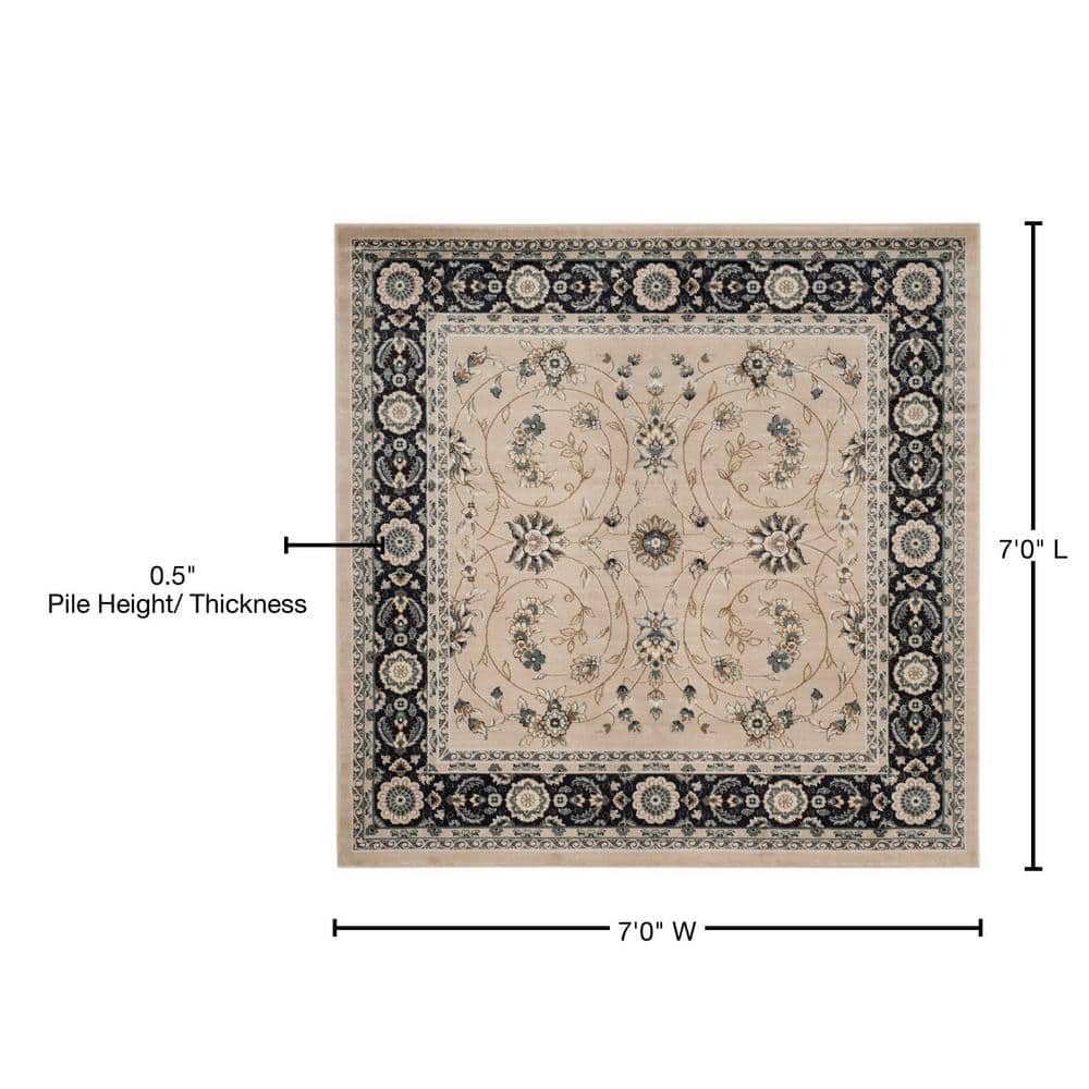 Elegant Anthracite & Light Beige 7' Square Synthetic Area Rug