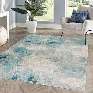 Contemporary Pop Modern Abstract Vintage Cream/Blue 3 ft. x 5 ft. Area Rug