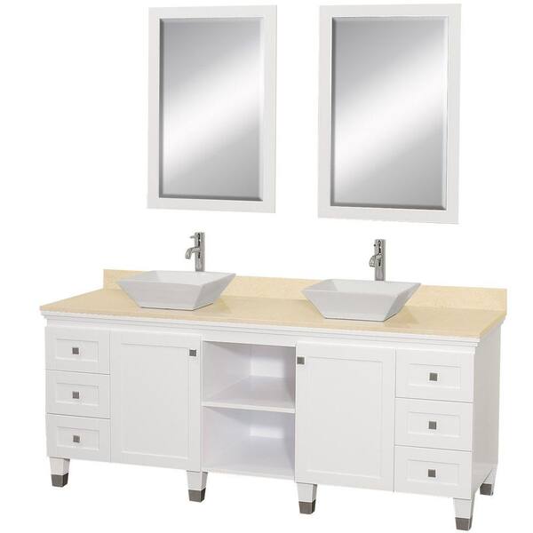 Wyndham Collection Premiere 72 in. Vanity in White with Marble Vanity Top in Ivory with White Porcelain Sinks and Mirrors