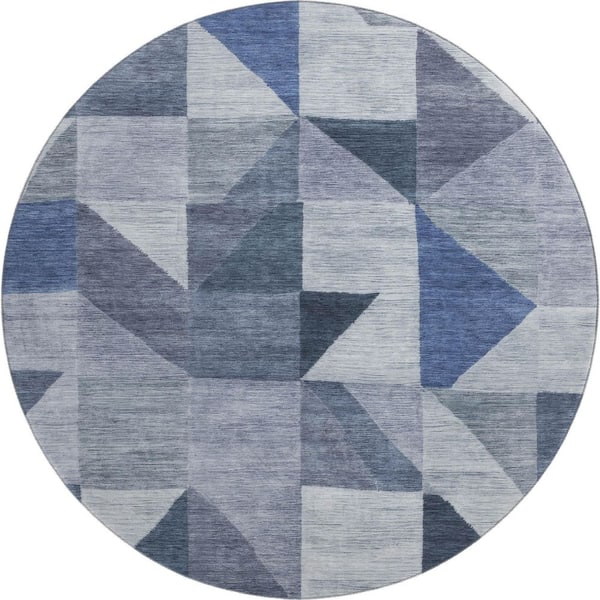 Mayfield Premium Machine Washable Abstract AMF2373 Denim 8 ft. x 8 ft. Round Rug