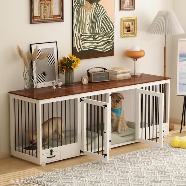 Wooden Large Dog Crate with Dog Feeding Area, XL Large Furniture Style Dog Kennel with Removable Irons for 2 Medium Dogs