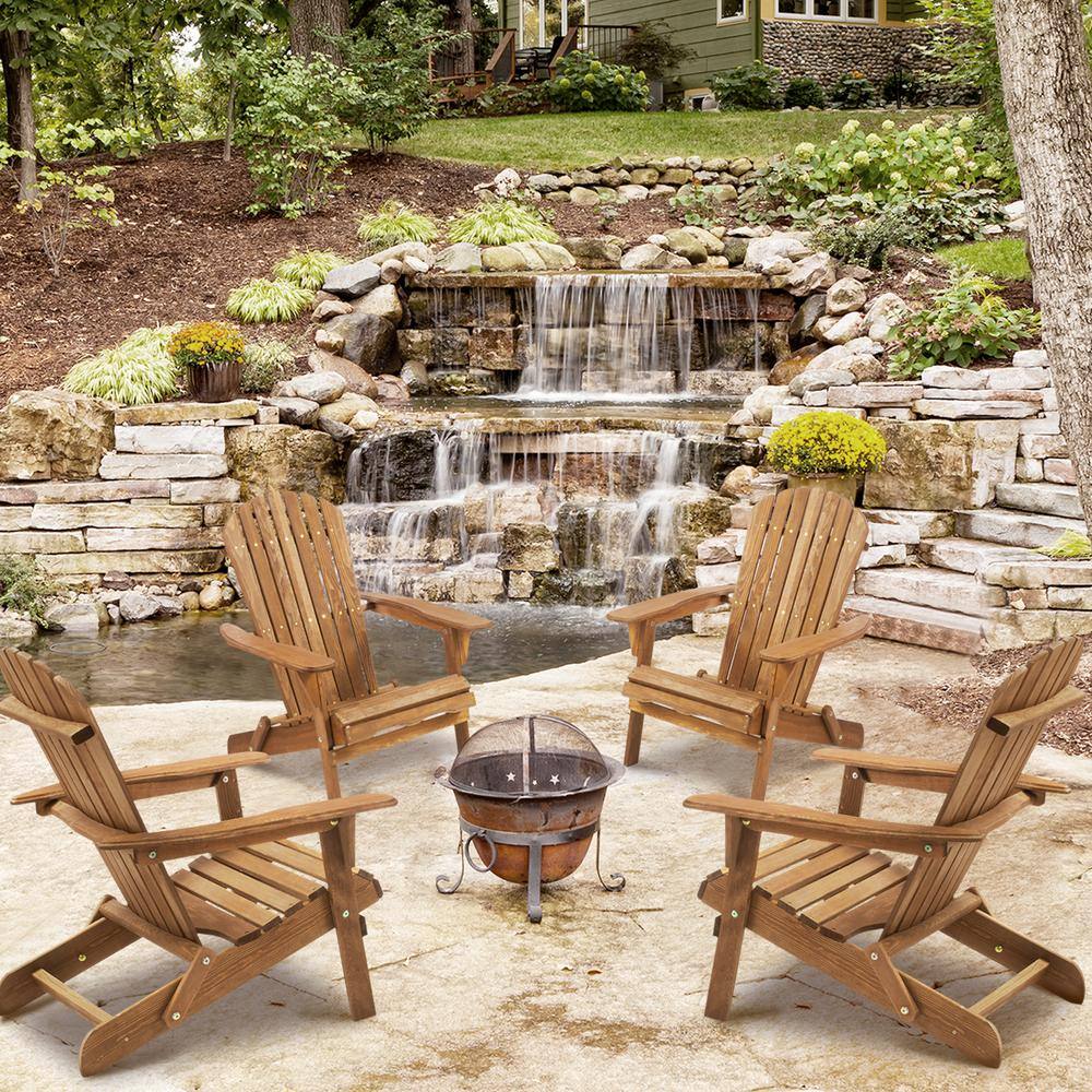 Set of 2 Light Brown Wooden Folding Adirondack Chairs