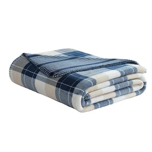 Bluff Plaid Navy/Beige 50 in. x 70 in. Flannel Throw Blanket