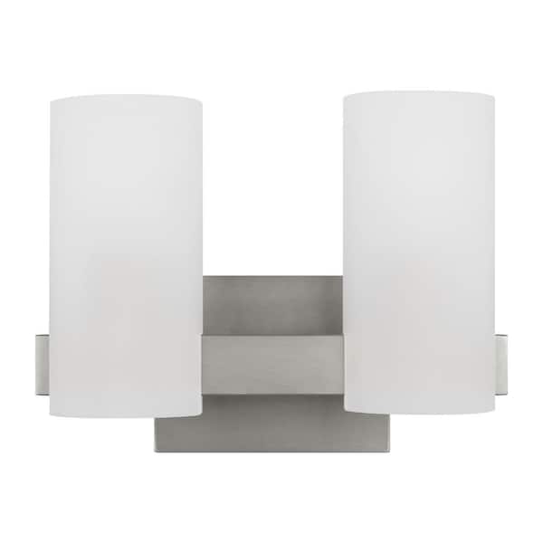 SCOTT LIVING Rhode 12.13 in. 2-Light Brushed Steel Medium Vanity Light with Etched Glass Shades