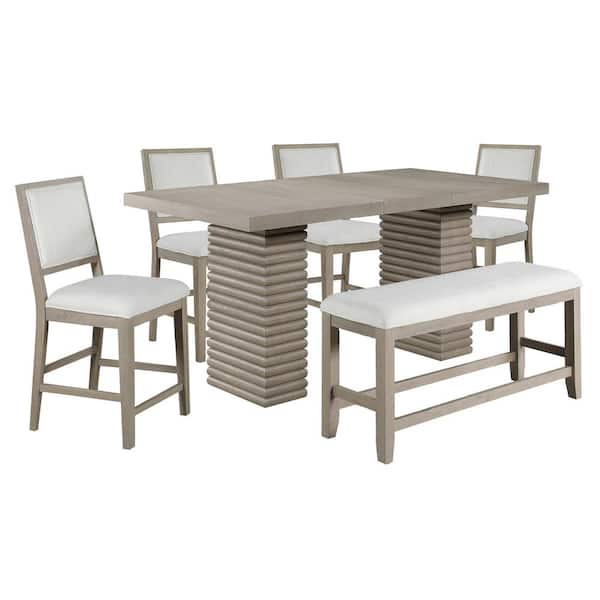 Steve Silver Lily 6-Piece Gray Wood Top Wood Counter Height Dining Room Set with 4 Upholstered Chairs and 1 Bench