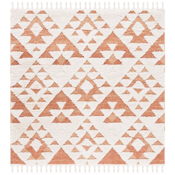 Moroccan Tassel Shag Ivory/Brick Rust 8 ft. x 8 ft. High-Low Geometric Fringe Square Area Rug
