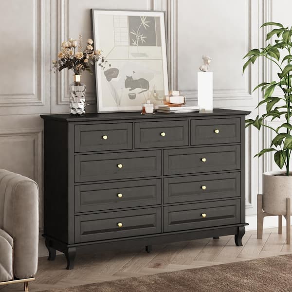 FUFU&GAGA 9-Drawer Black Wood Dresser Bedroom Storage Cabinet Modern Style 37 in. H x 55.1 in. W x 15.7 in. D